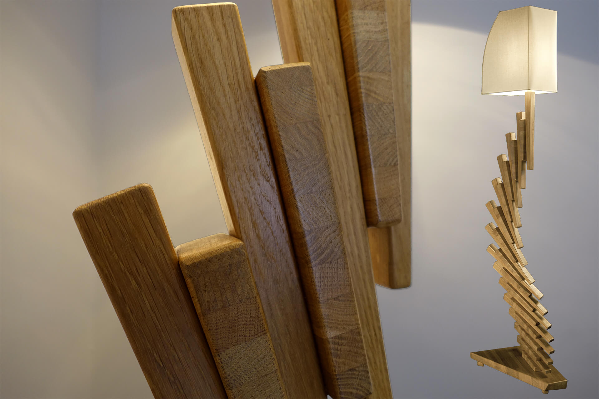 Lampada da terra da design in legno di rovere fatta a mano in Italia.