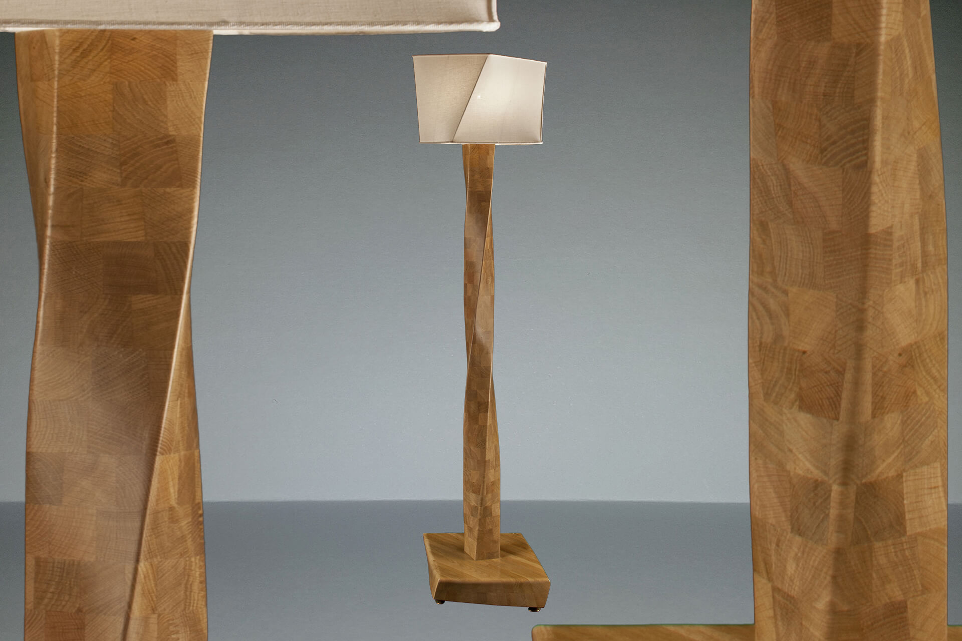 Lampada da terra da design in legno di rovere fatta a mano in Italia.